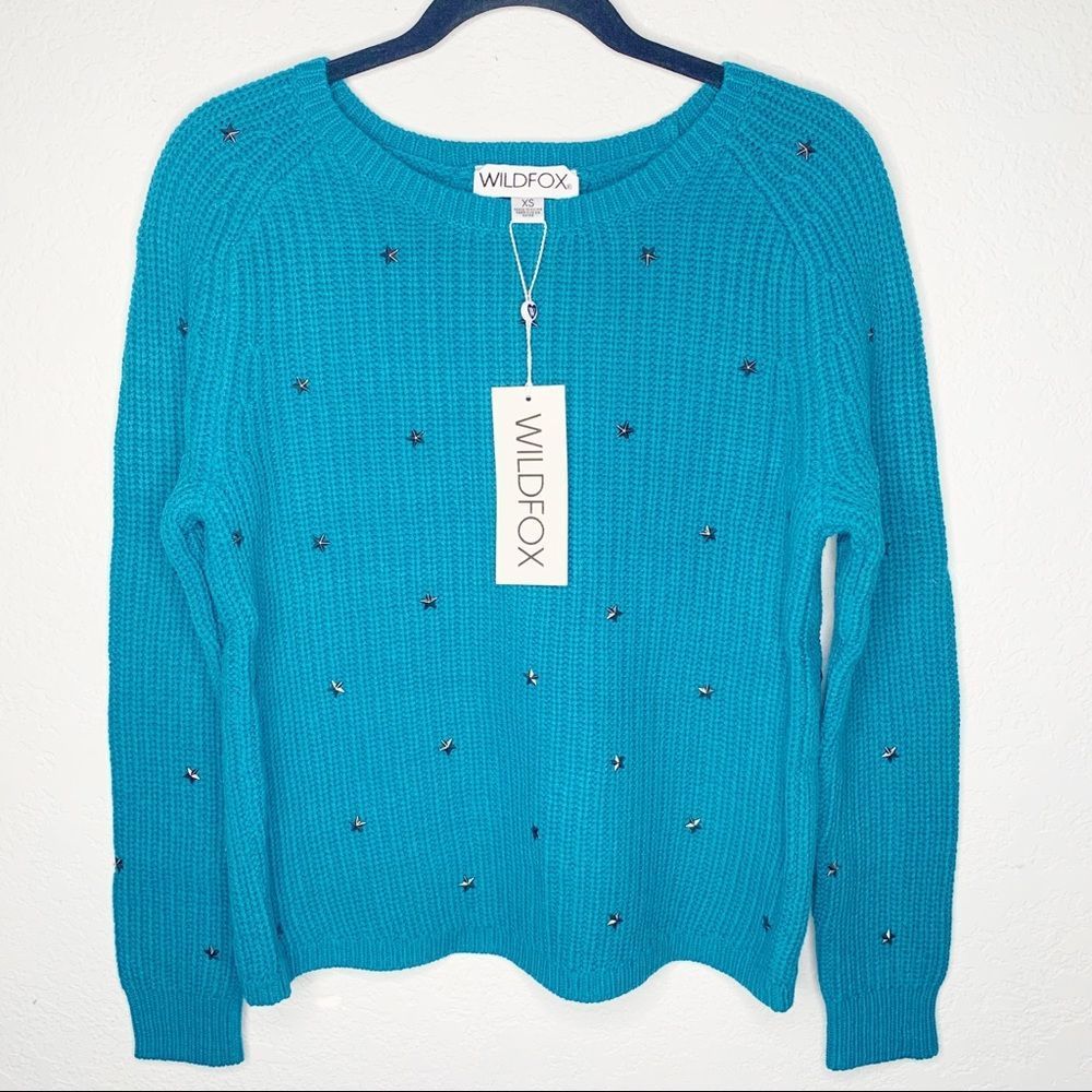 New WildFox Beaming Stud Star Erika Chunky knit Sweater Blue